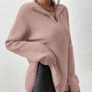 Baby Pink Casual Women's Half Zip Drop Shoulder Grain Black Sweater